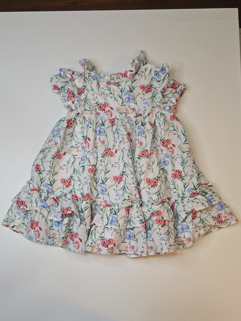 Janie and Jack White Floral Ruffle Dress with Pink & Blue Flowers